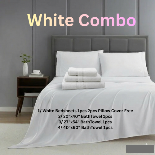 White Combo Towel & Bedsheets White Combo 100%Cotton - Image 1