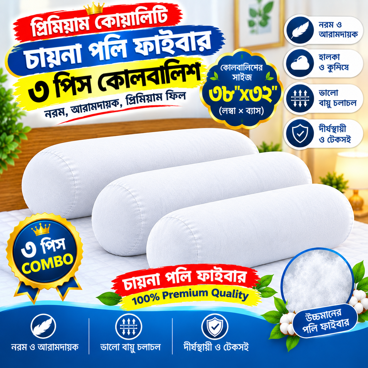 3 pcs sidepillow ৩পিস চায়না পলি ফাইবারের কোলবালিশ - Image 1