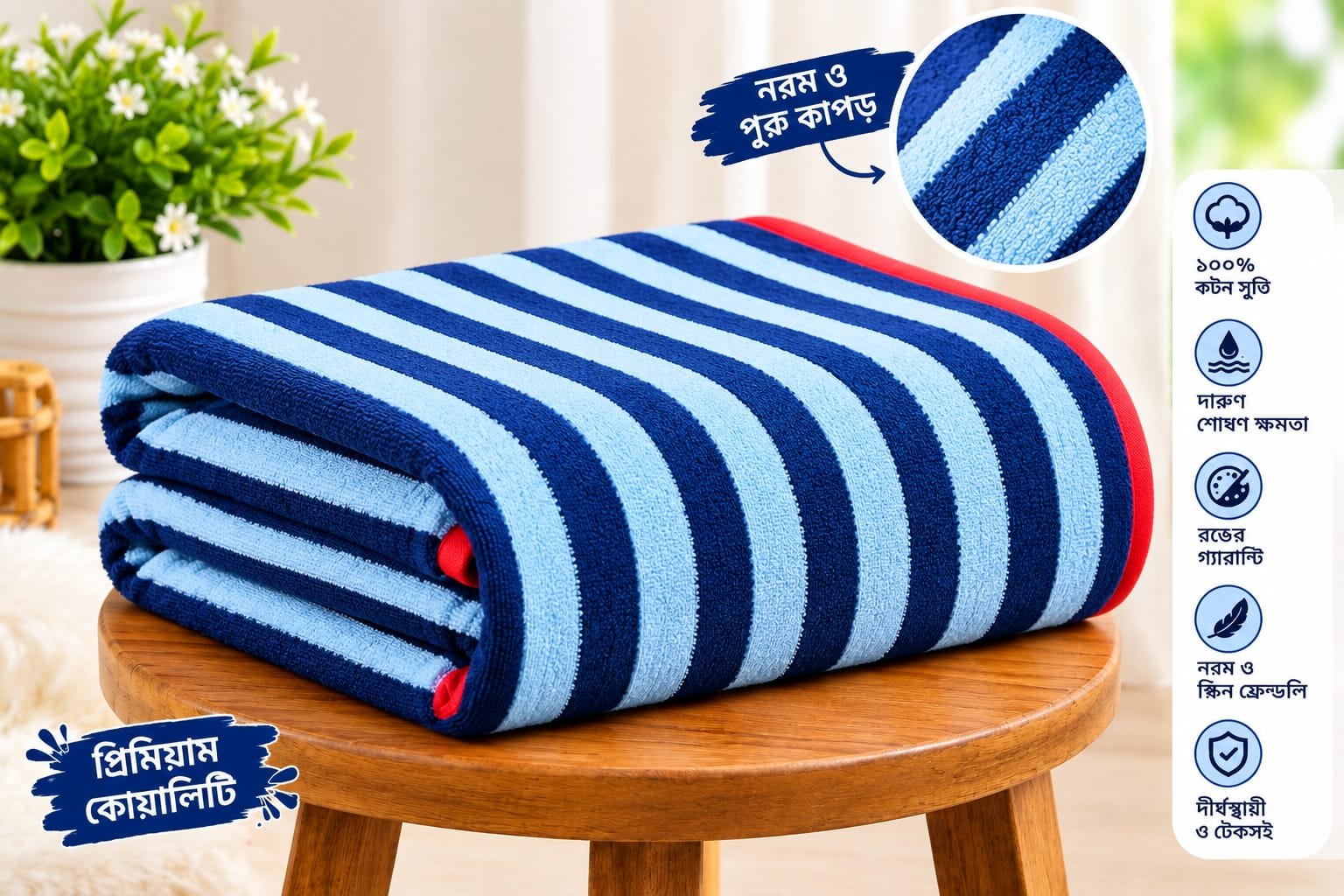 24 1 পিস গোসলের টাওয়াল Blue & white color - Image 1